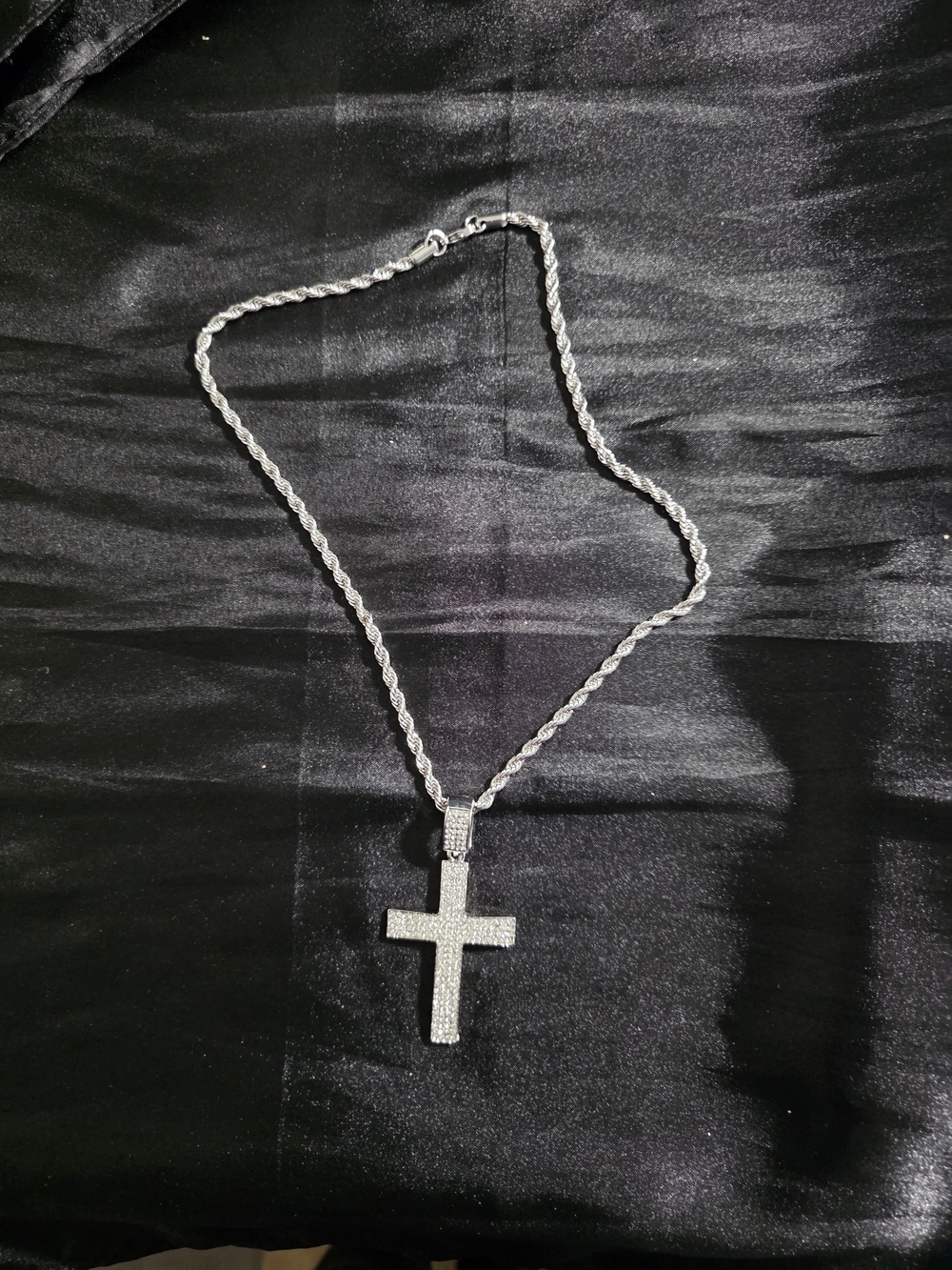 20" Silver Tone Rope Chain Bling Cross Charm Pendant Swaggy Necklace,